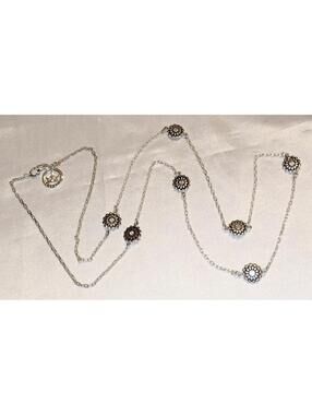 VTG Crown Trifari Silver Tone Floral Discs w/ Crystals Station Necklace 32” Long